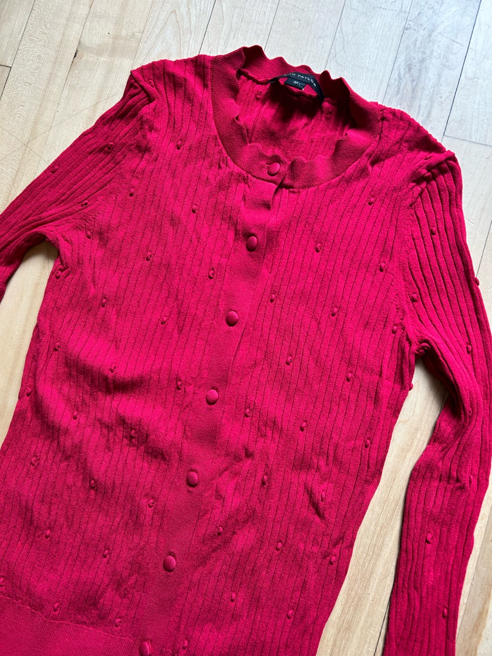 Ann Taylor Red Ribbed Button-Front Cardigan - Picture 3 of 5